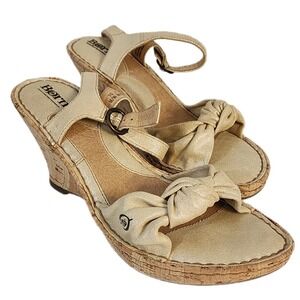 Born Lady Shoes Cork Wedge Knot Bow Open Toe Back Strap Leather Shimmer Gold/Tan
